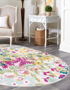 Pink 7' 10 x 10' Bloom Oval Area Rug 100% Polypropylene With Cotton Backing Easy Clean Colorful Blooming Flower Floral Carpet for Living Dining Room Office Dorms for Sale at Rug Engine