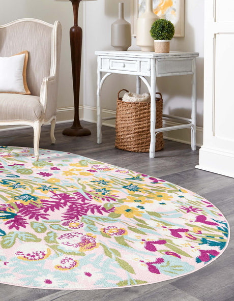 Pink 7' 10 x 10' Bloom Oval Area Rug 100% Polypropylene With Cotton Backing Easy Clean Colorful Blooming Flower Floral Carpet for Living Dining Room Office Dorms for Sale at Rug Engine