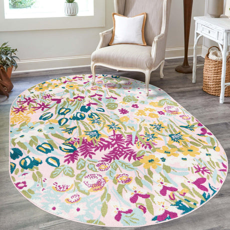 Pink 7' 10 x 10' Bloom Oval Area Rug 100% Polypropylene With Cotton Backing Easy Clean Colorful Blooming Flower Floral Carpet for Living Dining Room Office Dorms for Sale at Rug Engine