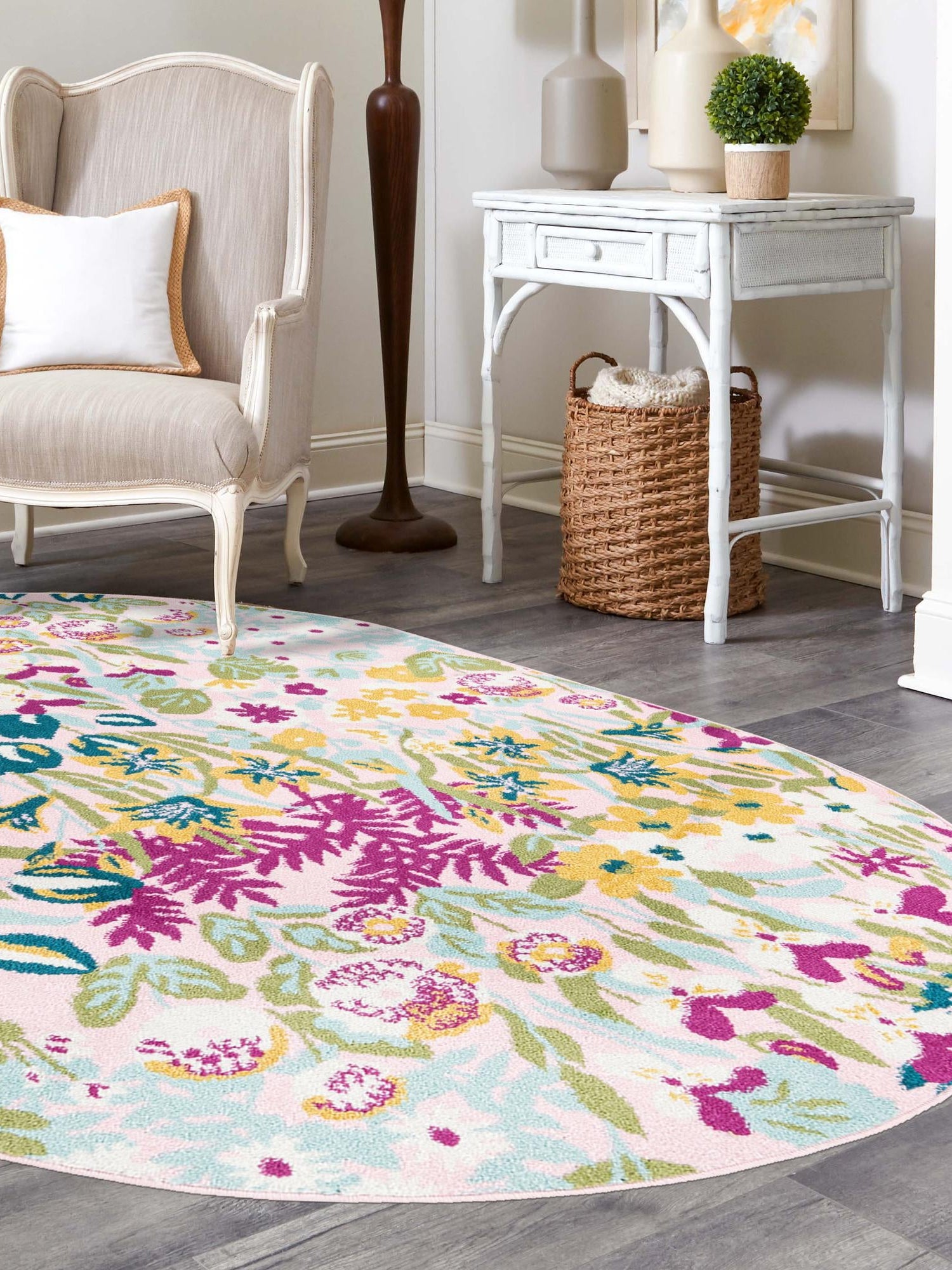 Pink 7' 10 x 10' Bloom Oval Area Rug 100% Polypropylene With Cotton Backing Easy Clean Colorful Blooming Flower Floral Carpet for Living Dining Room Office Dorms for Sale at Rug Engine