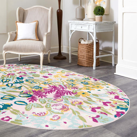 Pink 7' 10 x 10' Bloom Oval Area Rug 100% Polypropylene With Cotton Backing Easy Clean Colorful Blooming Flower Floral Carpet for Living Dining Room Office Dorms for Sale at Rug Engine