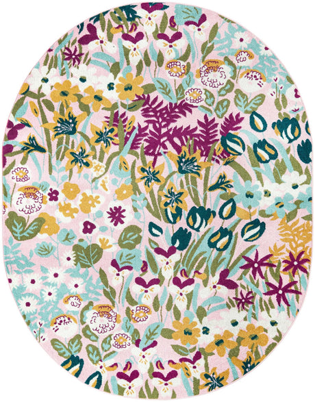 Pink 7' 10 x 10' Bloom Oval Area Rug 100% Polypropylene With Cotton Backing Easy Clean Colorful Blooming Flower Floral Carpet for Living Dining Room Office Dorms for Sale at Rug Engine