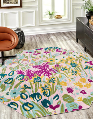 Pink 7' 1 x 7' 1 Bloom Octagon Area Rug 100% Polypropylene With Cotton Backing Easy Clean Colorful Blooming Flower Floral Carpet for Living Dining Room Office Dorms for Sale at Rug Engine