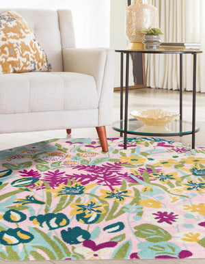 Pink 7' 1 x 7' 1 Bloom Octagon Area Rug 100% Polypropylene With Cotton Backing Easy Clean Colorful Blooming Flower Floral Carpet for Living Dining Room Office Dorms for Sale at Rug Engine