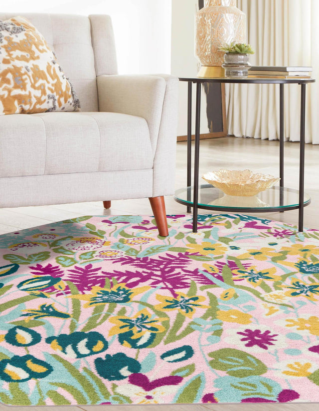 Pink 7' 1 x 7' 1 Bloom Octagon Area Rug 100% Polypropylene With Cotton Backing Easy Clean Colorful Blooming Flower Floral Carpet for Living Dining Room Office Dorms for Sale at Rug Engine