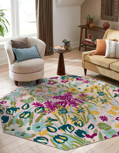 Pink 7' 1 x 7' 1 Bloom Octagon Area Rug 100% Polypropylene With Cotton Backing Easy Clean Colorful Blooming Flower Floral Carpet for Living Dining Room Office Dorms for Sale at Rug Engine