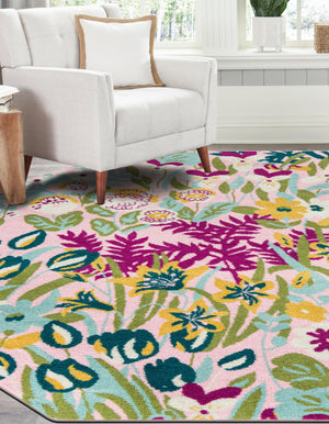 Pink 7' 1 x 7' 1 Bloom Octagon Area Rug 100% Polypropylene With Cotton Backing Easy Clean Colorful Blooming Flower Floral Carpet for Living Dining Room Office Dorms for Sale at Rug Engine