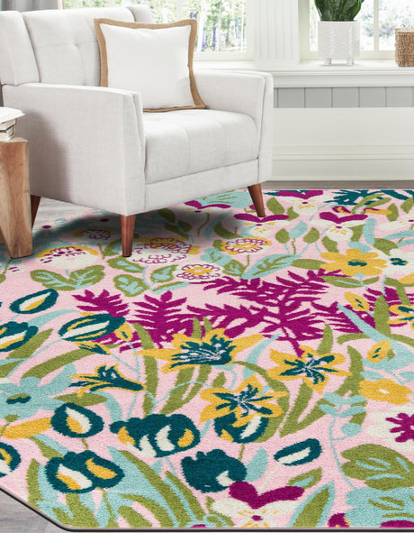 Pink 7' 1 x 7' 1 Bloom Octagon Area Rug 100% Polypropylene With Cotton Backing Easy Clean Colorful Blooming Flower Floral Carpet for Living Dining Room Office Dorms for Sale at Rug Engine