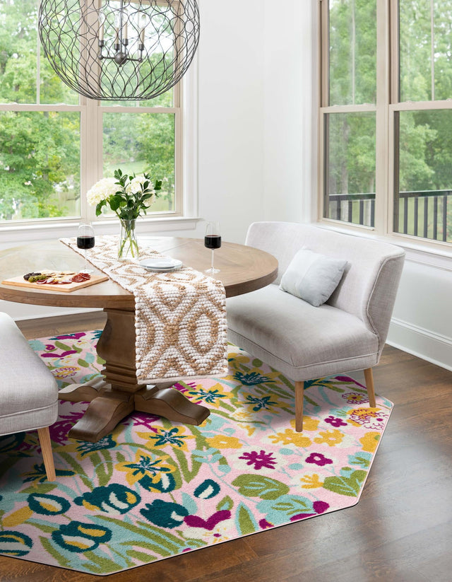 Pink 7' 1 x 7' 1 Bloom Octagon Area Rug 100% Polypropylene With Cotton Backing Easy Clean Colorful Blooming Flower Floral Carpet for Living Dining Room Office Dorms for Sale at Rug Engine