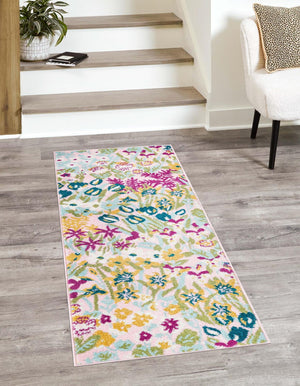 Pink 2' 7 x 10' Bloom Runner Area Rug 100% Polypropylene With Cotton Backing Easy Clean Colorful Blooming Flower Floral Carpet for Living Dining Room Office Dorms for Sale at Rug Engine