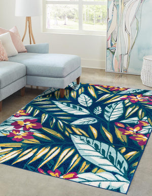 Navy Blue 5' 3 x 8' Bloom Rectangle Area Rug 100% Polypropylene With Cotton Backing Easy Clean Colorful Blooming Flower Floral Carpet for Living Dining Room Office Dorms for Sale at Rug Engine