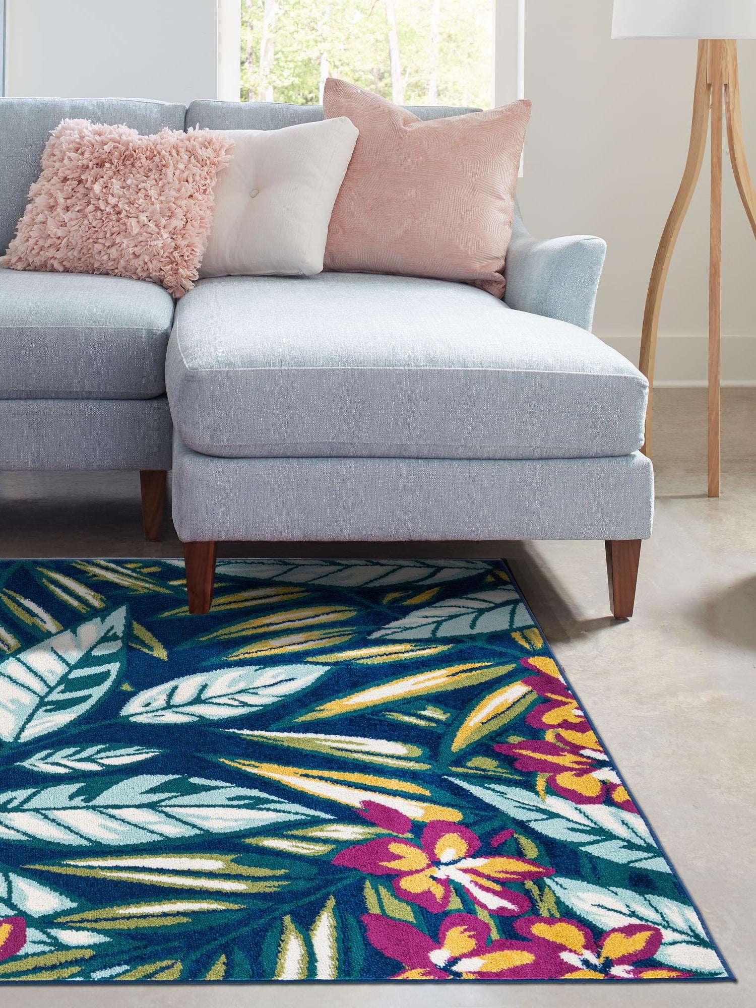 Navy Blue 9' x 12' Bloom Rectangle Area Rug 100% Polypropylene With Cotton Backing Easy Clean Colorful Blooming Flower Floral Carpet for Living Dining Room Office Dorms for Sale at Rug Engine