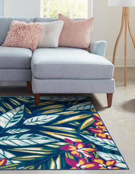 Navy Blue 9' x 12' Bloom Rectangle Area Rug 100% Polypropylene With Cotton Backing Easy Clean Colorful Blooming Flower Floral Carpet for Living Dining Room Office Dorms for Sale at Rug Engine