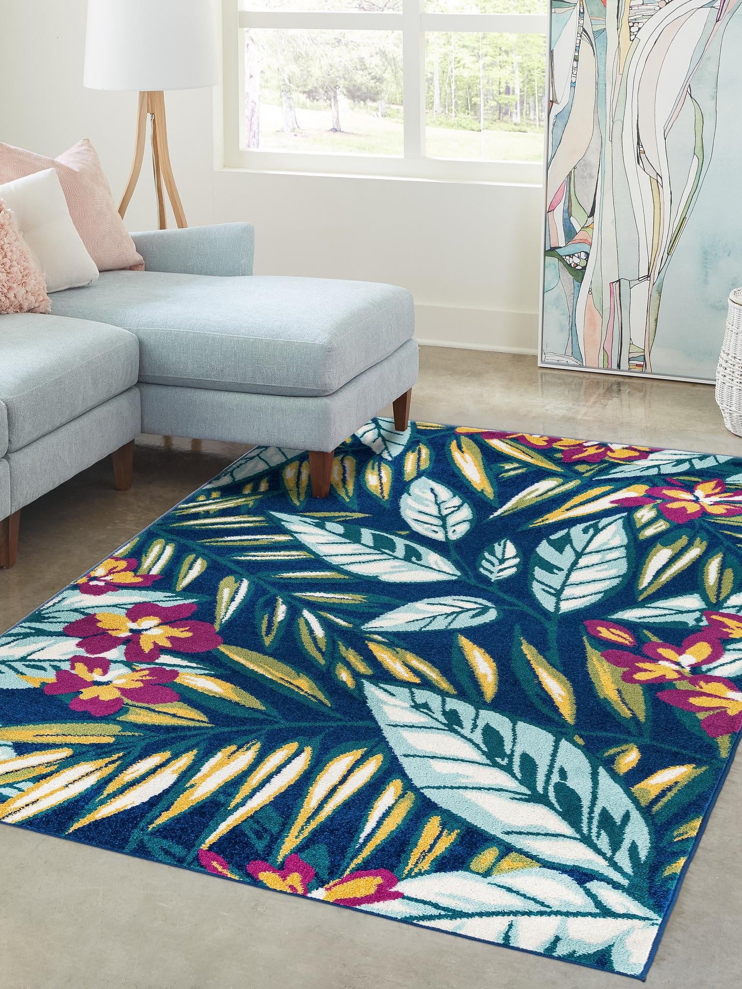Navy Blue 9' x 12' Bloom Rectangle Area Rug 100% Polypropylene With Cotton Backing Easy Clean Colorful Blooming Flower Floral Carpet for Living Dining Room Office Dorms for Sale at Rug Engine