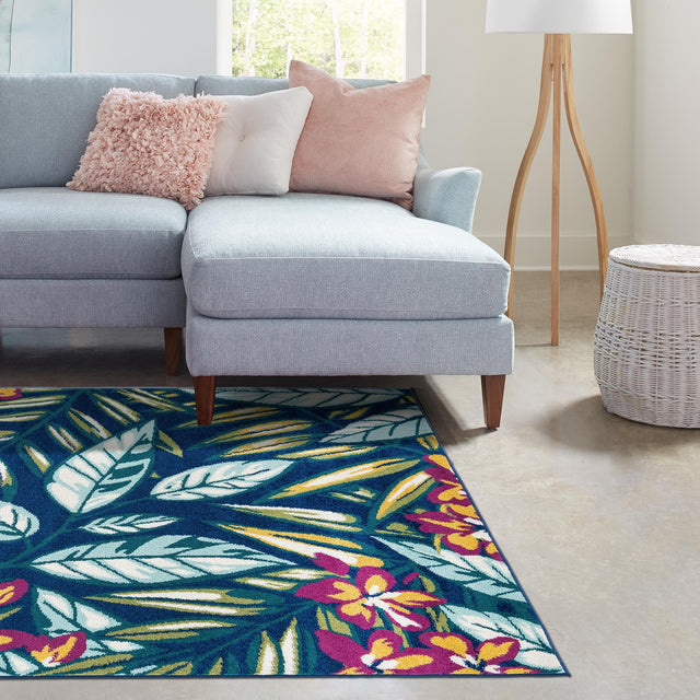 Navy Blue 10' x 14' Bloom Rectangle Area Rug 100% Polypropylene With Cotton Backing Easy Clean Colorful Blooming Flower Floral Carpet for Living Dining Room Office Dorms for Sale at Rug Engine