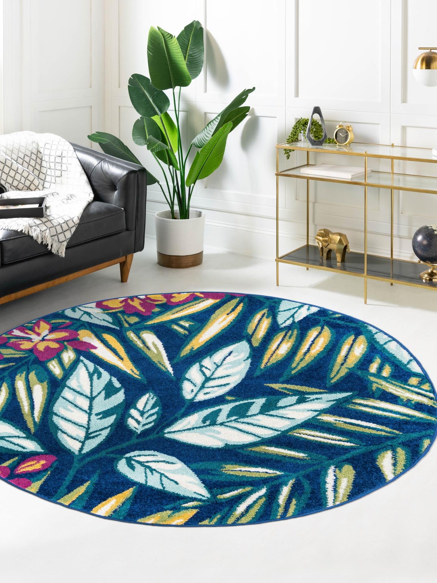 Navy Blue 3' 3 x 3' 3 Bloom Round Area Rug 100% Polypropylene With Cotton Backing Easy Clean Colorful Blooming Flower Floral Carpet for Living Dining Room Office Dorms for Sale at Rug Engine