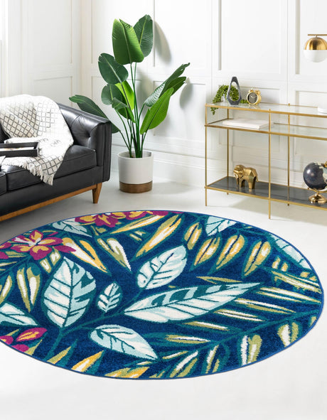Navy Blue 3' 3 x 3' 3 Bloom Round Area Rug 100% Polypropylene With Cotton Backing Easy Clean Colorful Blooming Flower Floral Carpet for Living Dining Room Office Dorms for Sale at Rug Engine