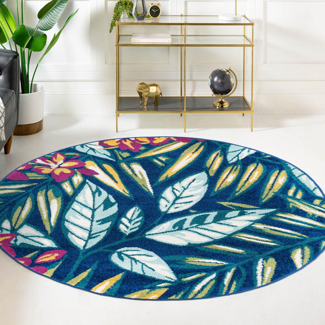 Navy Blue 7' x 7' Bloom Round Area Rug 100% Polypropylene With Cotton Backing Easy Clean Colorful Blooming Flower Floral Carpet for Living Dining Room Office Dorms for Sale at Rug Engine