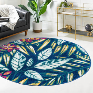 Navy Blue 7' x 7' Bloom Round Area Rug 100% Polypropylene With Cotton Backing Easy Clean Colorful Blooming Flower Floral Carpet for Living Dining Room Office Dorms for Sale at Rug Engine