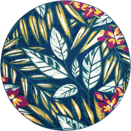 Navy Blue 7' x 7' Bloom Round Area Rug 100% Polypropylene With Cotton Backing Easy Clean Colorful Blooming Flower Floral Carpet for Living Dining Room Office Dorms for Sale at Rug Engine