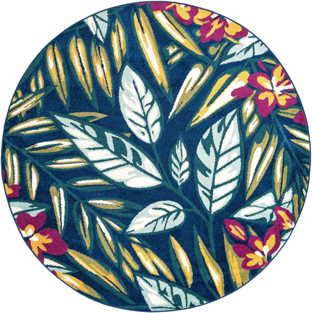 Navy Blue 7' x 7' Bloom Round Area Rug 100% Polypropylene With Cotton Backing Easy Clean Colorful Blooming Flower Floral Carpet for Living Dining Room Office Dorms for Sale at Rug Engine