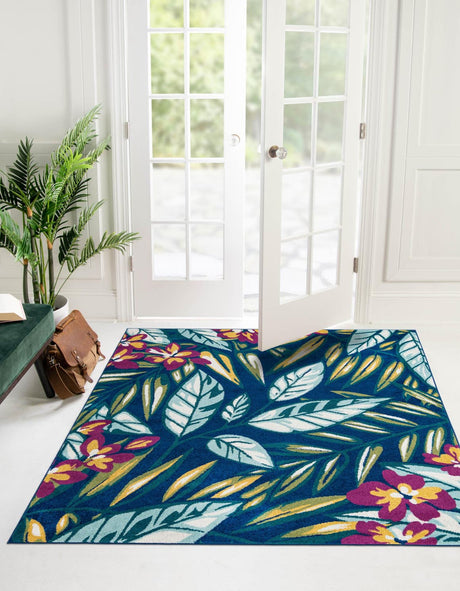 Navy Blue 7' 10 x 7' 10 Bloom Square Area Rug 100% Polypropylene With Cotton Backing Easy Clean Colorful Blooming Flower Floral Carpet for Living Dining Room Office Dorms for Sale at Rug Engine