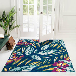 Navy Blue 7' 10 x 7' 10 Bloom Square Area Rug 100% Polypropylene With Cotton Backing Easy Clean Colorful Blooming Flower Floral Carpet for Living Dining Room Office Dorms for Sale at Rug Engine