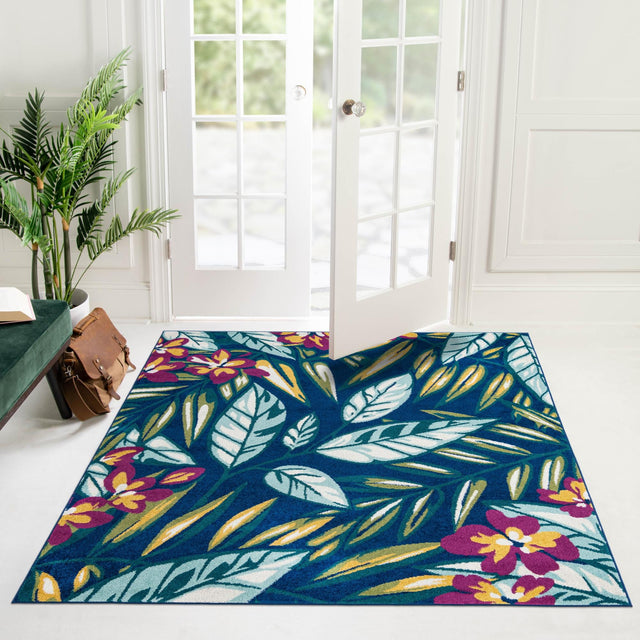 Navy Blue 7' 10 x 7' 10 Bloom Square Area Rug 100% Polypropylene With Cotton Backing Easy Clean Colorful Blooming Flower Floral Carpet for Living Dining Room Office Dorms for Sale at Rug Engine