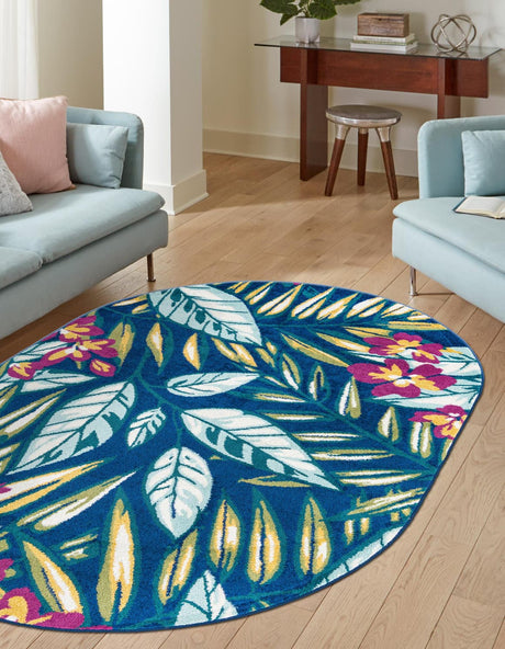 Navy Blue 7' 10 x 10' Bloom Oval Area Rug 100% Polypropylene With Cotton Backing Easy Clean Colorful Blooming Flower Floral Carpet for Living Dining Room Office Dorms for Sale at Rug Engine