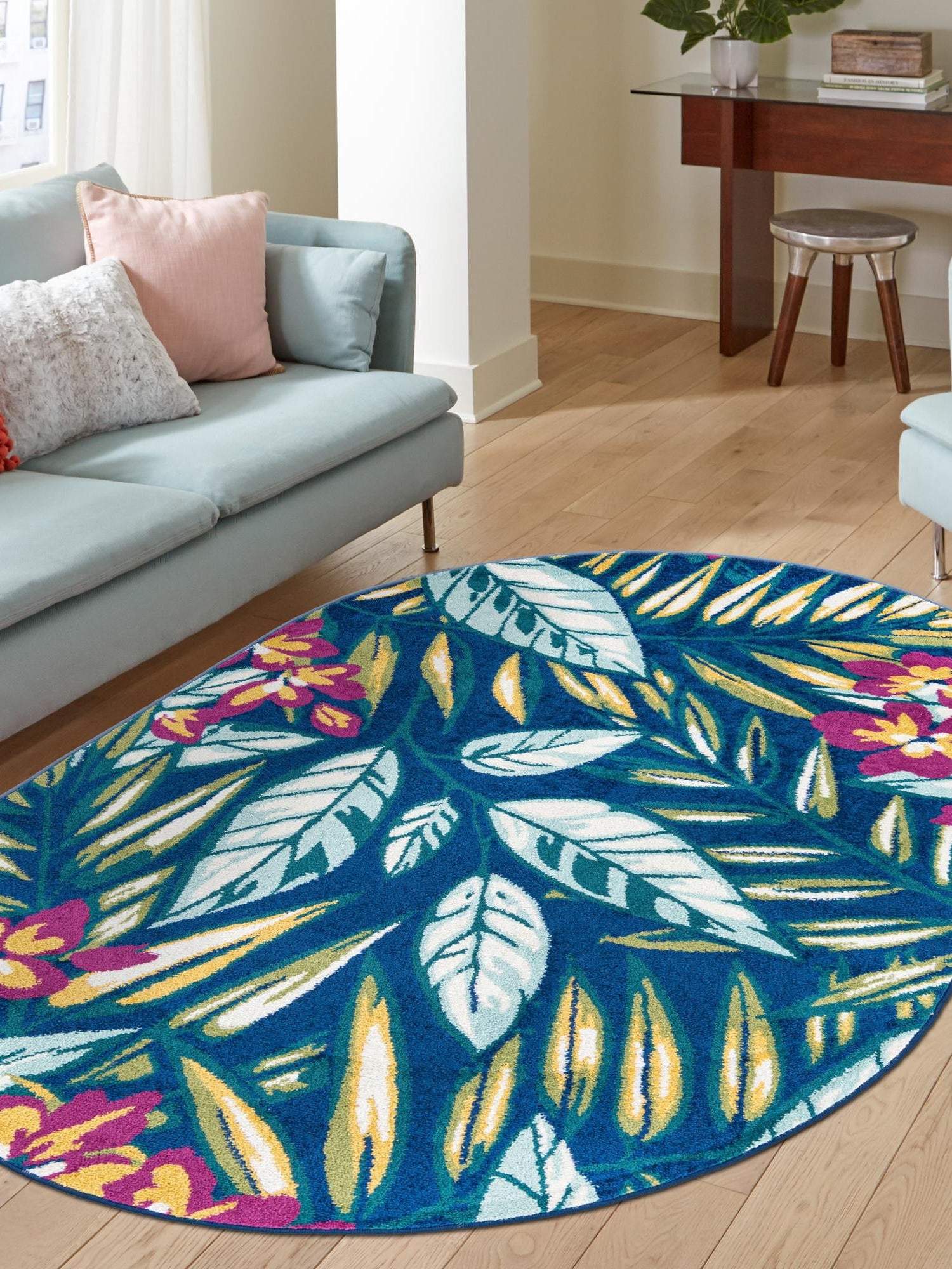 Navy Blue 5' 3 x 7' 10 Bloom Oval Area Rug 100% Polypropylene With Cotton Backing Easy Clean Colorful Blooming Flower Floral Carpet for Living Dining Room Office Dorms for Sale at Rug Engine