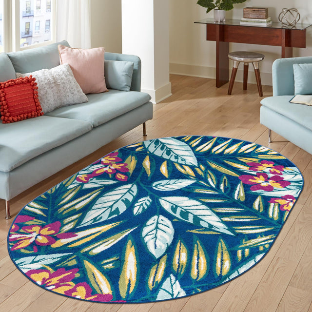 Navy Blue 5' 3 x 7' 10 Bloom Oval Area Rug 100% Polypropylene With Cotton Backing Easy Clean Colorful Blooming Flower Floral Carpet for Living Dining Room Office Dorms for Sale at Rug Engine