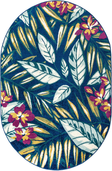 Navy Blue 5' 3 x 7' 10 Bloom Oval Area Rug 100% Polypropylene With Cotton Backing Easy Clean Colorful Blooming Flower Floral Carpet for Living Dining Room Office Dorms for Sale at Rug Engine