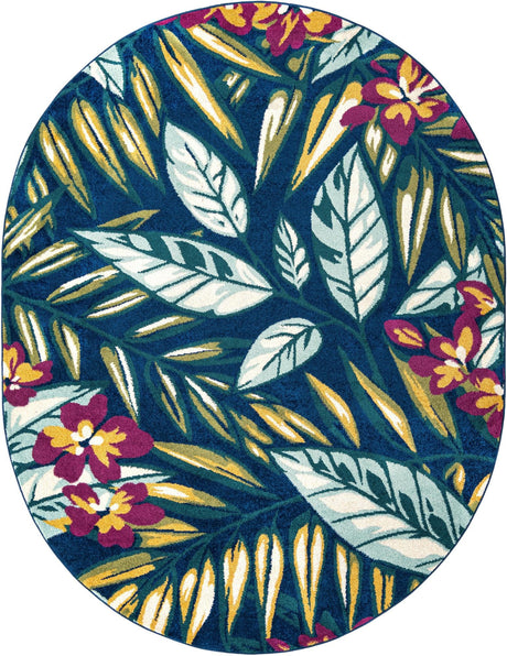 Navy Blue 7' 10 x 10' Bloom Oval Area Rug 100% Polypropylene With Cotton Backing Easy Clean Colorful Blooming Flower Floral Carpet for Living Dining Room Office Dorms for Sale at Rug Engine