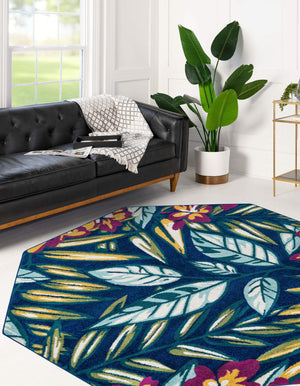 Navy Blue 7' x 7' Bloom Octagon Area Rug 100% Polypropylene With Cotton Backing Easy Clean Colorful Blooming Flower Floral Carpet for Living Dining Room Office Dorms for Sale at Rug Engine