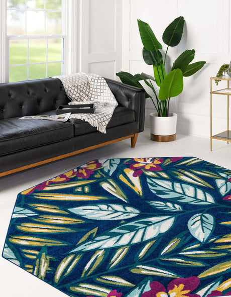 Navy Blue 7' x 7' Bloom Octagon Area Rug 100% Polypropylene With Cotton Backing Easy Clean Colorful Blooming Flower Floral Carpet for Living Dining Room Office Dorms for Sale at Rug Engine