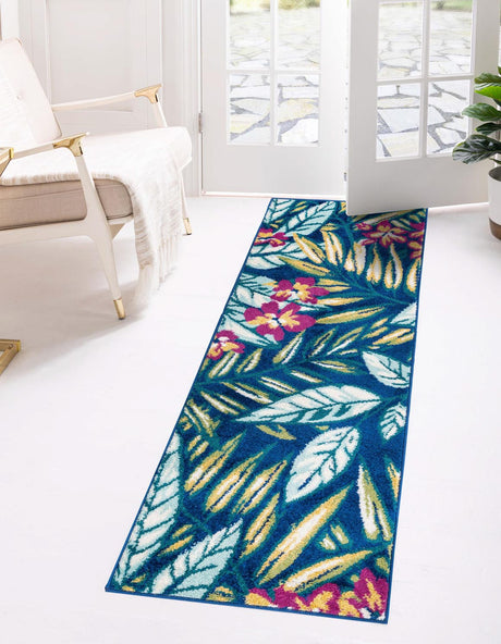 Navy Blue 2' x 8' Bloom Runner Area Rug 100% Polypropylene With Cotton Backing Easy Clean Colorful Blooming Flower Floral Carpet for Living Dining Room Office Dorms for Sale at Rug Engine