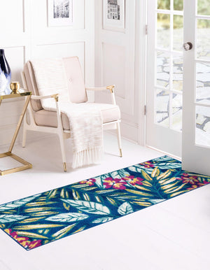 Navy Blue 2' x 8' Bloom Runner Area Rug 100% Polypropylene With Cotton Backing Easy Clean Colorful Blooming Flower Floral Carpet for Living Dining Room Office Dorms for Sale at Rug Engine