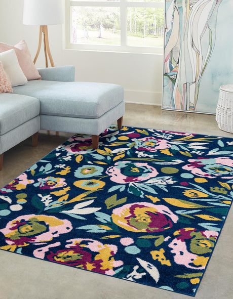 Navy Blue 10' x 14' Bloom Rectangle Area Rug 100% Polypropylene With Cotton Backing Easy Clean Colorful Blooming Flower Floral Carpet for Living Dining Room Office Dorms for Sale at Rug Engine