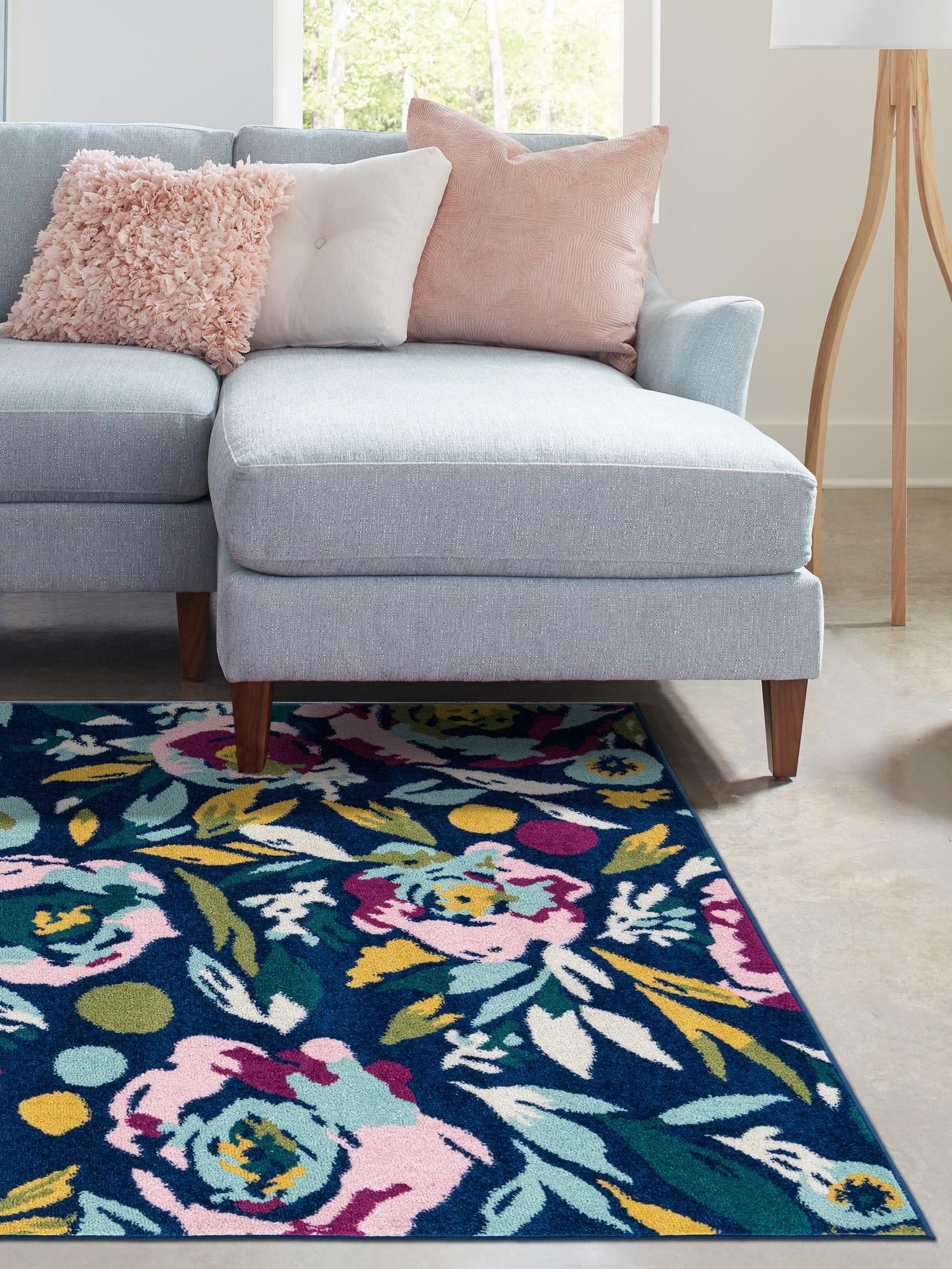 Navy Blue 10' x 14' Bloom Rectangle Area Rug 100% Polypropylene With Cotton Backing Easy Clean Colorful Blooming Flower Floral Carpet for Living Dining Room Office Dorms for Sale at Rug Engine