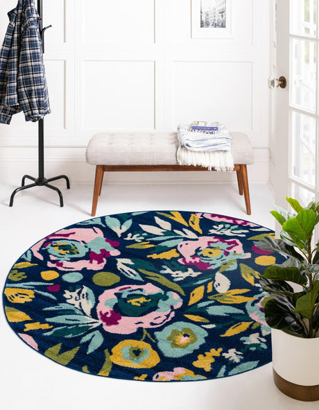 Navy Blue 7' x 7' Bloom Round Area Rug 100% Polypropylene With Cotton Backing Easy Clean Colorful Blooming Flower Floral Carpet for Living Dining Room Office Dorms for Sale at Rug Engine