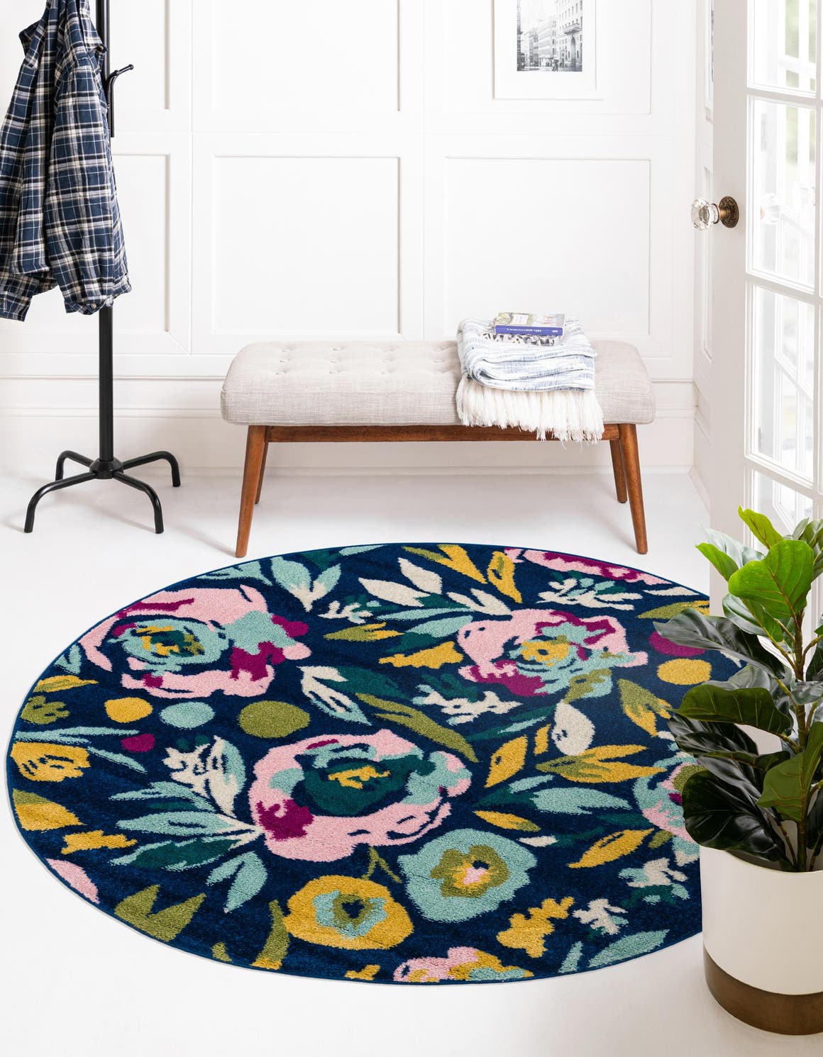 Navy Blue 5' 3 x 5' 3 Bloom Round Area Rug 100% Polypropylene With Cotton Backing Easy Clean Colorful Blooming Flower Floral Carpet for Living Dining Room Office Dorms for Sale at Rug Engine