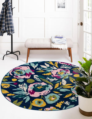 Navy Blue 5' 3 x 5' 3 Bloom Round Area Rug 100% Polypropylene With Cotton Backing Easy Clean Colorful Blooming Flower Floral Carpet for Living Dining Room Office Dorms for Sale at Rug Engine