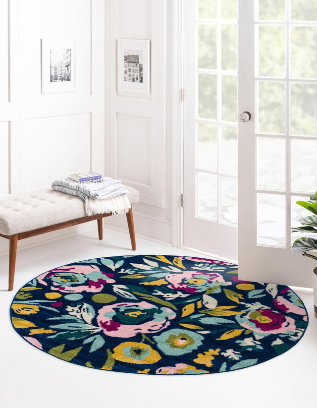 Navy Blue 7' x 7' Bloom Round Area Rug 100% Polypropylene With Cotton Backing Easy Clean Colorful Blooming Flower Floral Carpet for Living Dining Room Office Dorms for Sale at Rug Engine