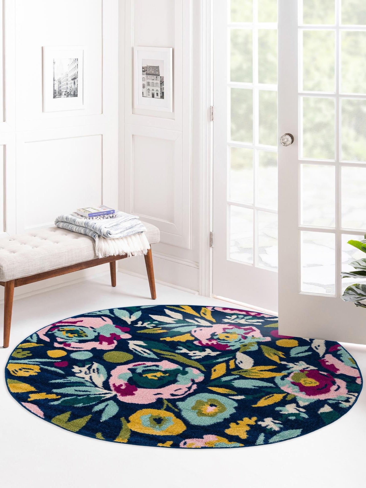 Navy Blue 5' 3 x 5' 3 Bloom Round Area Rug 100% Polypropylene With Cotton Backing Easy Clean Colorful Blooming Flower Floral Carpet for Living Dining Room Office Dorms for Sale at Rug Engine