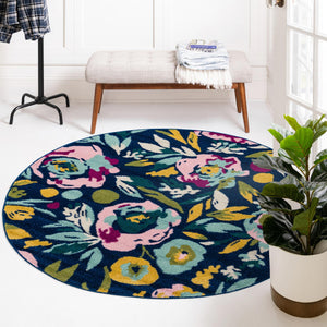 Navy Blue 7' x 7' Bloom Round Area Rug 100% Polypropylene With Cotton Backing Easy Clean Colorful Blooming Flower Floral Carpet for Living Dining Room Office Dorms for Sale at Rug Engine