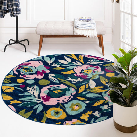 Navy Blue 7' x 7' Bloom Round Area Rug 100% Polypropylene With Cotton Backing Easy Clean Colorful Blooming Flower Floral Carpet for Living Dining Room Office Dorms for Sale at Rug Engine