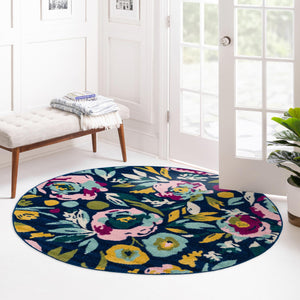 Navy Blue 7' x 7' Bloom Round Area Rug 100% Polypropylene With Cotton Backing Easy Clean Colorful Blooming Flower Floral Carpet for Living Dining Room Office Dorms for Sale at Rug Engine