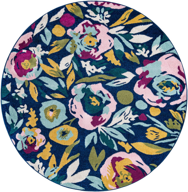 Navy Blue 7' x 7' Bloom Round Area Rug 100% Polypropylene With Cotton Backing Easy Clean Colorful Blooming Flower Floral Carpet for Living Dining Room Office Dorms for Sale at Rug Engine