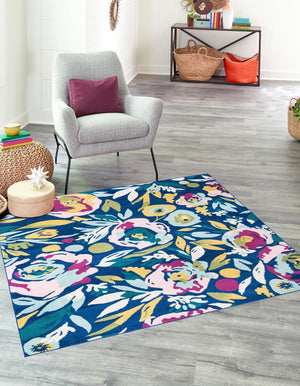 Navy Blue 7' 10 x 7' 10 Bloom Square Area Rug 100% Polypropylene With Cotton Backing Easy Clean Colorful Blooming Flower Floral Carpet for Living Dining Room Office Dorms for Sale at Rug Engine