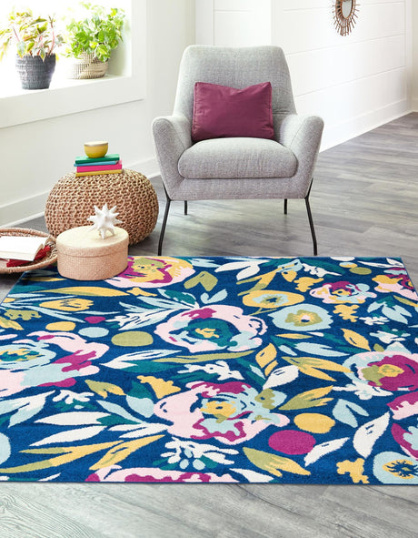 Navy Blue 7' 10 x 7' 10 Bloom Square Area Rug 100% Polypropylene With Cotton Backing Easy Clean Colorful Blooming Flower Floral Carpet for Living Dining Room Office Dorms for Sale at Rug Engine